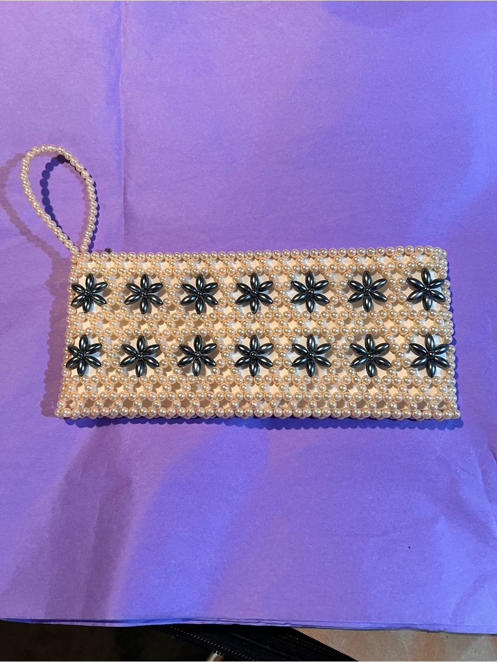 Pearl Beaded Floral Wristlet Clutch in Cream